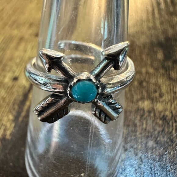 Boho Native American Friendship Arrow Adjustable Sterling Silver Turquoise Ring - Picture 5 of 9